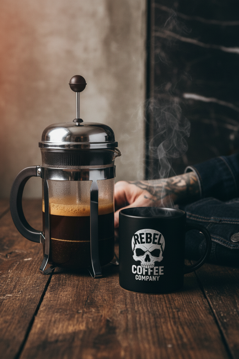 French press with coffee and a mug labeled 'Rebel Coffee Company' on a wooden surface.