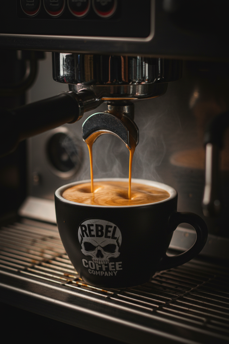 Espresso being poured into a Rebel Coffee Company mug with steam rising.