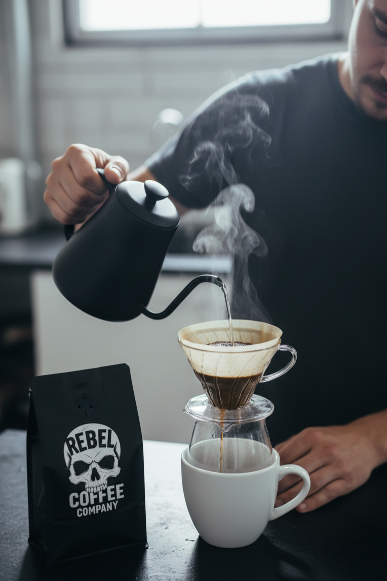 Person pouring coffee from a pour-over coffee maker with a 'Rebel Coffee Company' bag in the foreground.